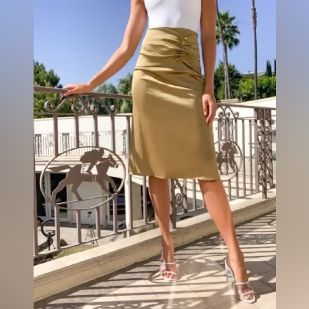 Olive Green Satin Ruched Midi Skirt